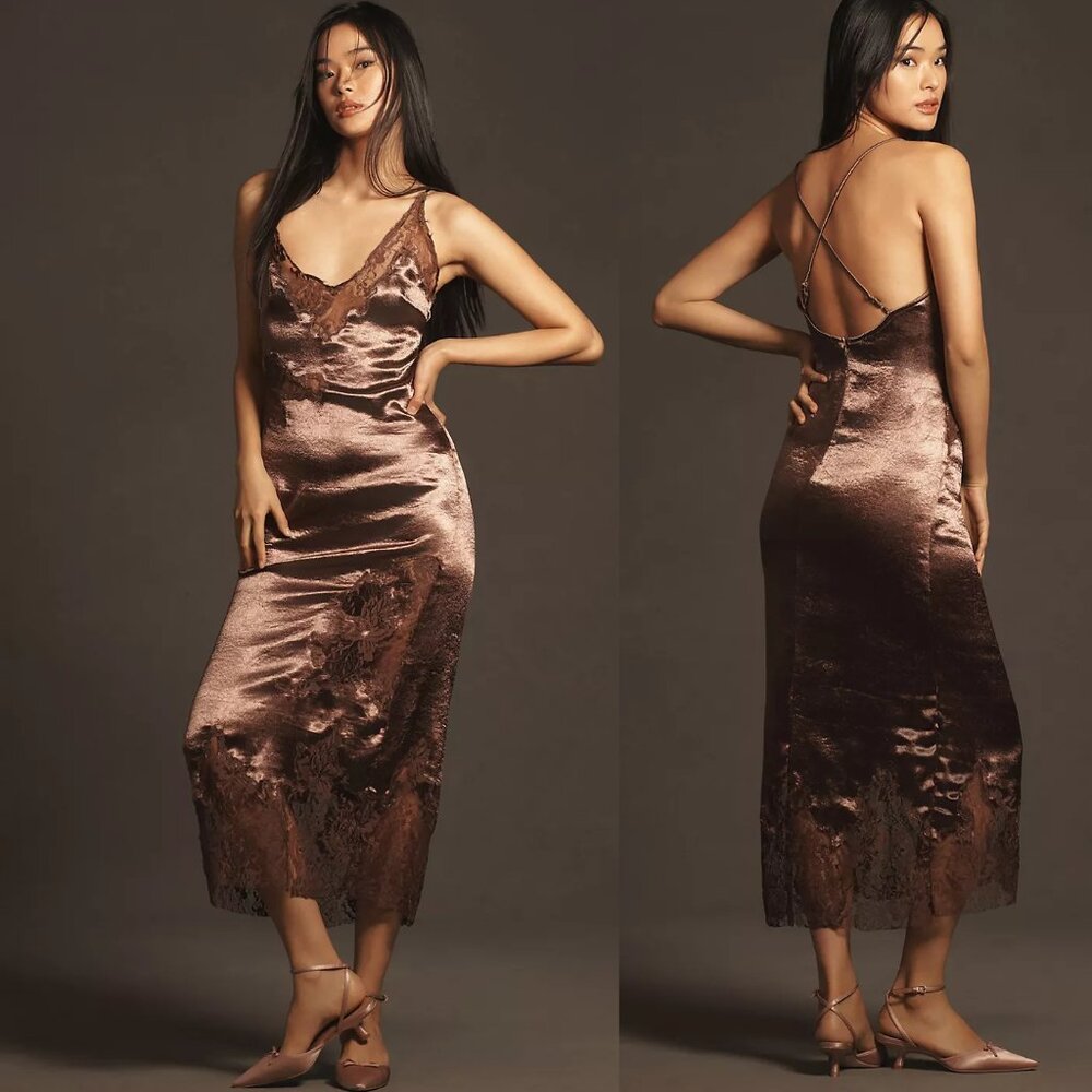 By Anthropologie Satin Lace Midi Pajama Dress plum color new with TAG